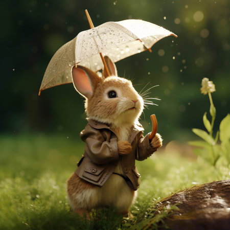 cute bunny with an umbrella in a clearing. ai generatedの素材