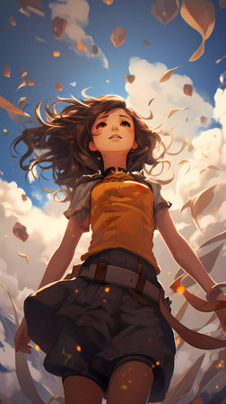 a young girl looks into the sky at balloons. ai generatedの素材