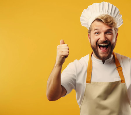 joyful cook on a yellow background. ai generatedの素材