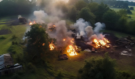fire in the village. burning wooden houses. ai generatedの素材