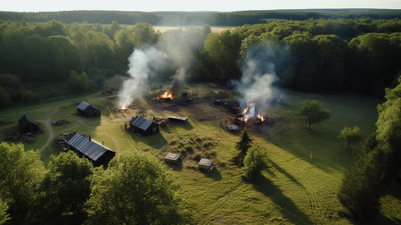 fire in the village. burning wooden houses. ai generatedの素材