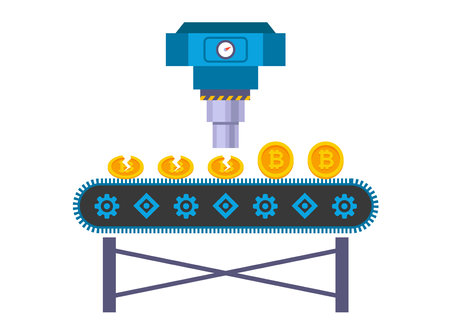 bitcoin factory with tape. gold electronic coins.のイラスト素材