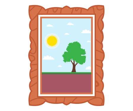 painting on canvas and in a wooden frame. the painting hangs on the wall.のイラスト素材