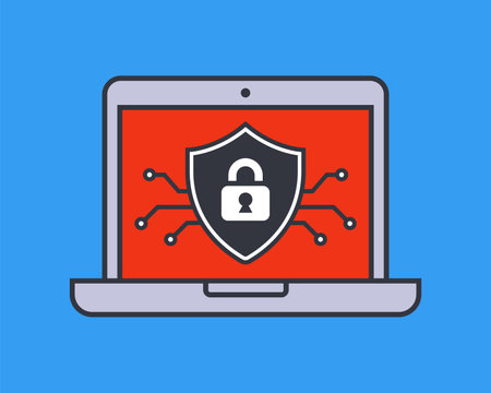 cyber defense shield and lock icon. cyber security on computer.のイラスト素材
