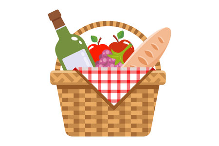 picnic basket with fruit and wine. holiday dinner on the lawn. flat vector illustration.のイラスト素材