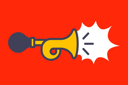 car horn makes a sharp sound. musical trumpet on a red background.のイラスト素材