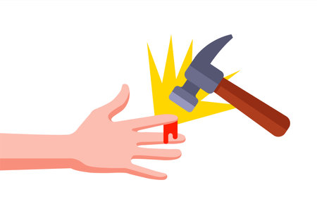 Hitting finger with hammer. Flat illustrationのイラスト素材