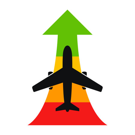 Flat image of black silhouette of passenger plane taking off, arrow pointing up.のイラスト素材