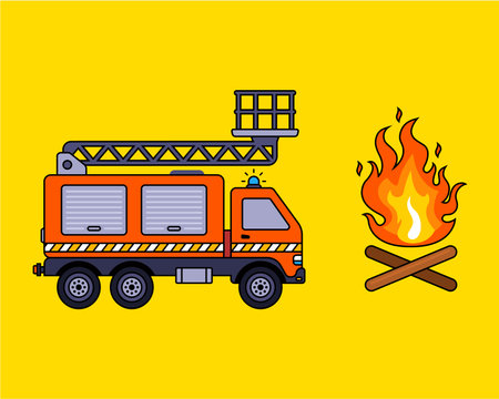 red fire truck with ladder and hose. flat vector illustration. Vector illustrationのイラスト素材