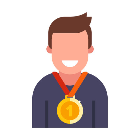 man with gold medal on neck. sportsman winner. flat illustration of manのイラスト素材