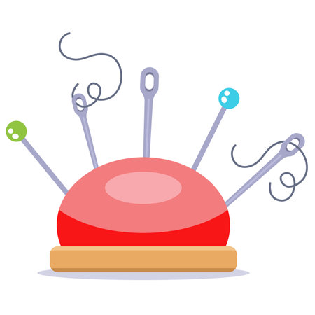 Red pincushion with needles and thread. flat illustration.のイラスト素材