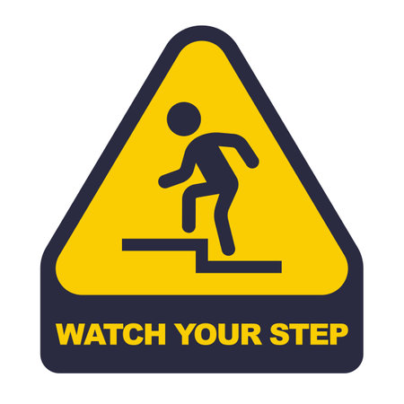 yellow sticker caution step. a man stumbles on the stairs. flat vector illustrationのイラスト素材