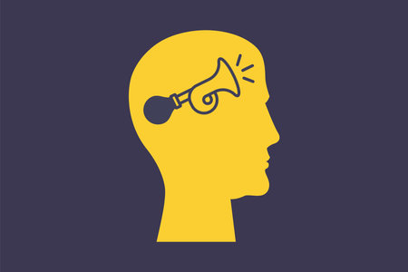 Icon of a mans head with noise in his head. Loud music. Flat illustration.のイラスト素材