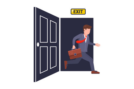 Man running out of open doors. Fire exit. Flat illustration.のイラスト素材