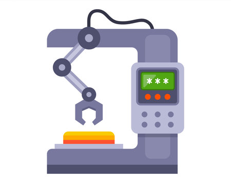 Robotic arm machine at the factory. Flat vector illustration.のイラスト素材