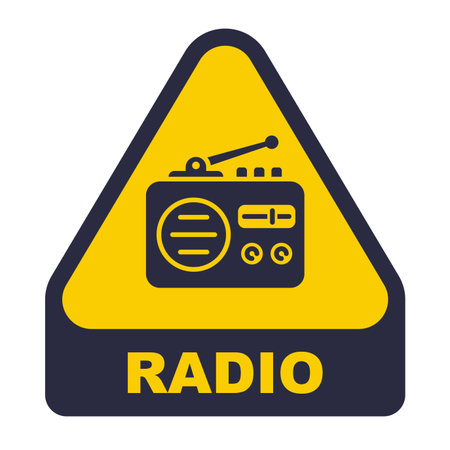 Yellow radio sticker. Listen to the radio. Flat illustration.のイラスト素材
