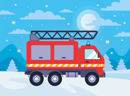 Fire department car responding to a call in winter. Flat vector illustration.のイラスト素材