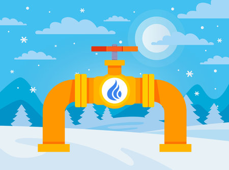 Yellow gas pipe on winter background. Flat illustration.のイラスト素材