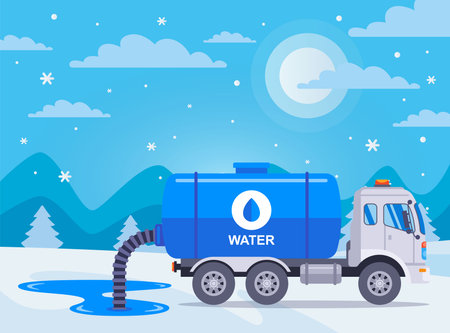 Filling a well with water. Truck with a tank and a pump hose. Machine for draining liquid. Industrial vehicle.のイラスト素材