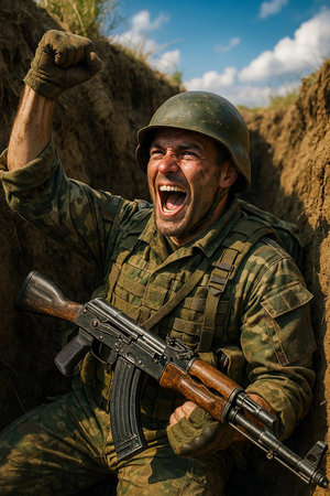 a joyful soldier in a trenchの素材