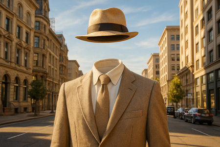 Invisible man in a suit and hat against the background of the city. Transparent man.の素材