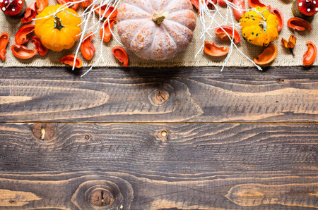 Halloween pumpkins, spiders and various objects on wooden backgroundの写真素材