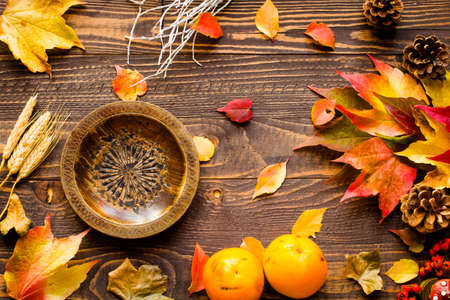 Thanksgiving day, autumn leaves background and text, on different rustic woodenの写真素材