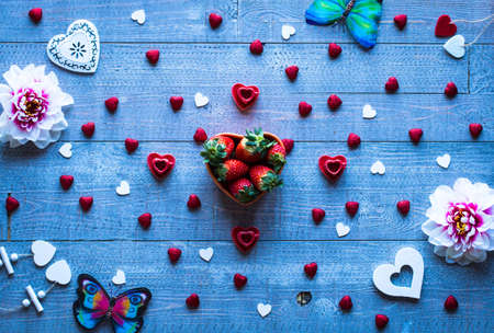 Valentine's Day background, with hearts and various romentic elements over an elegant vintage backgroundの写真素材