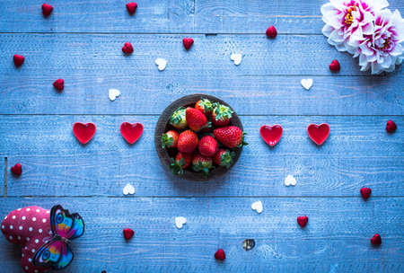 Valentine's Day background, with hearts and various romentic elements over an elegant vintage backgroundの写真素材