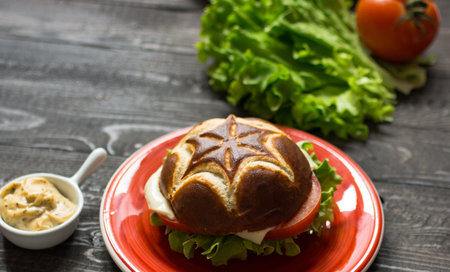 Top view of delicious hamburger, with vegetables and fries, on a wooden background.