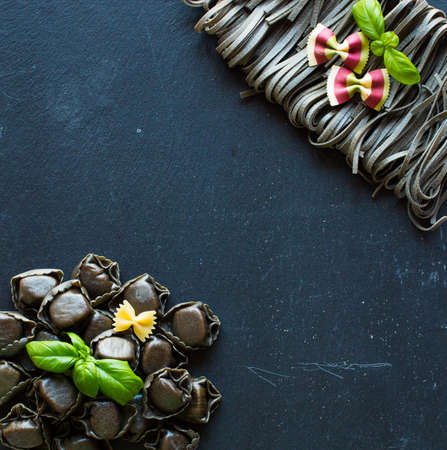 Pasta background. Several types of pasta homemade,  Free space for text. Top viewの写真素材