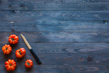 Different types of vegetables, on a old wooden table, space for text. Top viewの写真素材