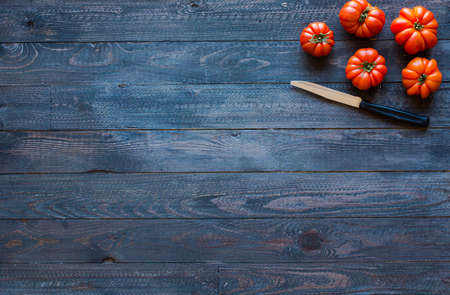 Different types of vegetables, on a old wooden table, space for text. Top viewの写真素材