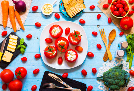 Stuffed tomatoes with cheese, and different vegetables, on a wooden background, free space for text.の写真素材