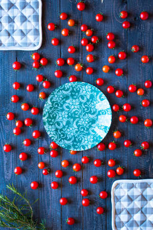 Cherry tomatoes, farm fresh produce, organic food, free space for text. Top viewの写真素材