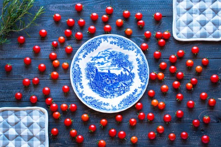 Cherry tomatoes, farm fresh produce, organic food, free space for text. Top view