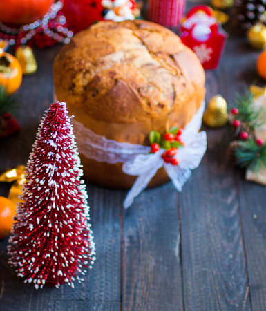 Traditional Italian Christmas cake with chocolate and various xmas decorations, free space for textの写真素材