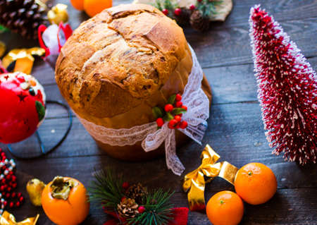 Traditional Italian Christmas cake with chocolate and various xmas decorations, free space for textの写真素材
