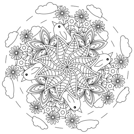 Coloring book page for adults and kids in doodle style, Vector artwork; Good for art therapy, zentangle-style meditation and design of wrapping and textile.のイラスト素材