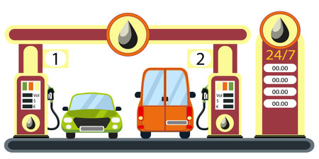 Cars on gas station. Flat vector illustrationのイラスト素材