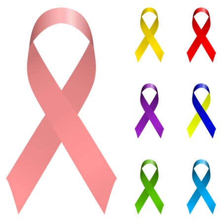 Vector ribbon holiday set. Bright colorful Icon logo collection isolated on white background. Breast canser awarness, world aids day, down syndrome symbolsのイラスト素材