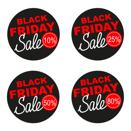 Black Friday sale vector sticker set isolated on white background. Different discounts, same design. Vector illustration can be used as badge, sign, stamp, logo, banner, icon or label.のイラスト素材