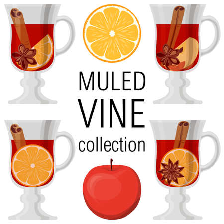 Mulled wine collection poster on white background. Bright colorful vector illustration with apple orange and fragrant spices for gift card, flyer, certificate or banner.のイラスト素材
