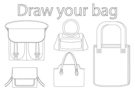 Draw your bag black and white poster. Coloring book page for adults and kids. Flat vector illustration for gift card, flyer, certificate, banner and more.のイラスト素材