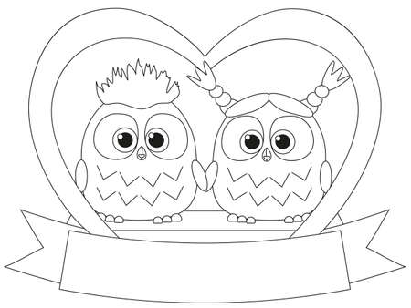 Black and white valentine day poster with an owl couple. Coloring book page for adults and kids. Valentine day romantic themed vector illustration for gift card, flyer, certificate or bannerのイラスト素材