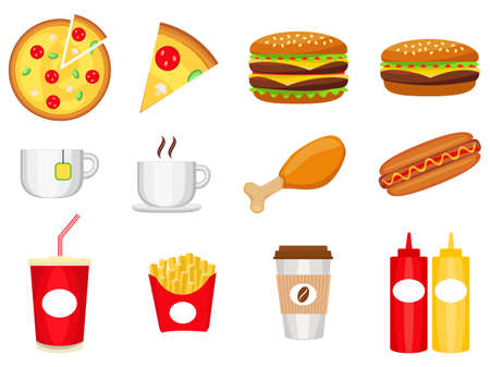 Junk food colorful logo collection isolated on white background poster. Comfort fast food vector illustration for certificate banner sticker, badge sign, stamp, logo, icon label.のイラスト素材