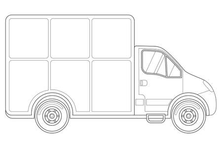 Black and white delivery truck side view. Coloring book page for adults and kids. Line art vector illustration for certificate banner sticker, badge sign, stamp, logo, icon label.のイラスト素材