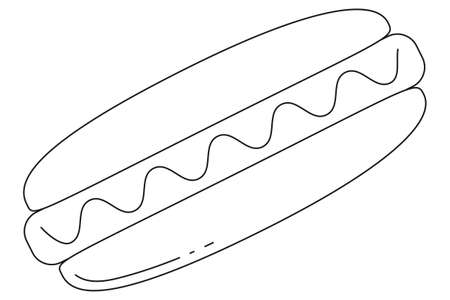 Black and white hotdog fast food icon poster. Line art vector illustration for gift card certificate banner sticker, badge sign, stamp, logo, icon label.のイラスト素材