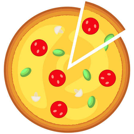Colorful pizza slice fast food icon poster. Junk food vector illustration for certificate banner sticker, badge sign, stamp, logo, icon label.のイラスト素材