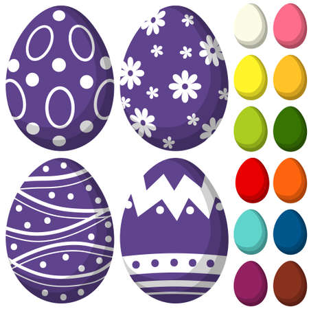 Colorful purple ultra violet easter chocolate pattern cover egg set poster. Bright holiday vector illustration for gift card certificate banner sticker, badge sign, stamp, logo, icon label.のイラスト素材